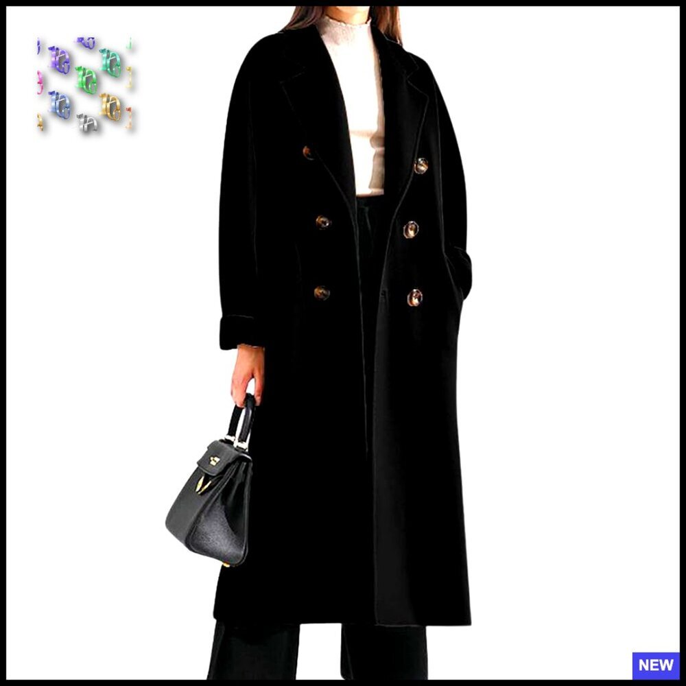 Double Breasted Wool Trench Coat Midi Length Business Casual Winter Coat Belted